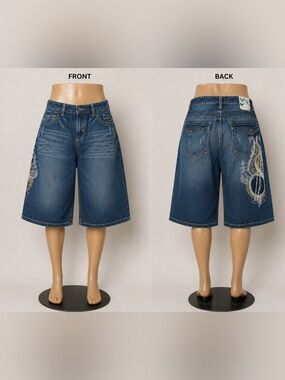 Ruthless Art Y2K Baggy Denim Shorts Men's Blue Gold Embroidered Jorts Vintage 38